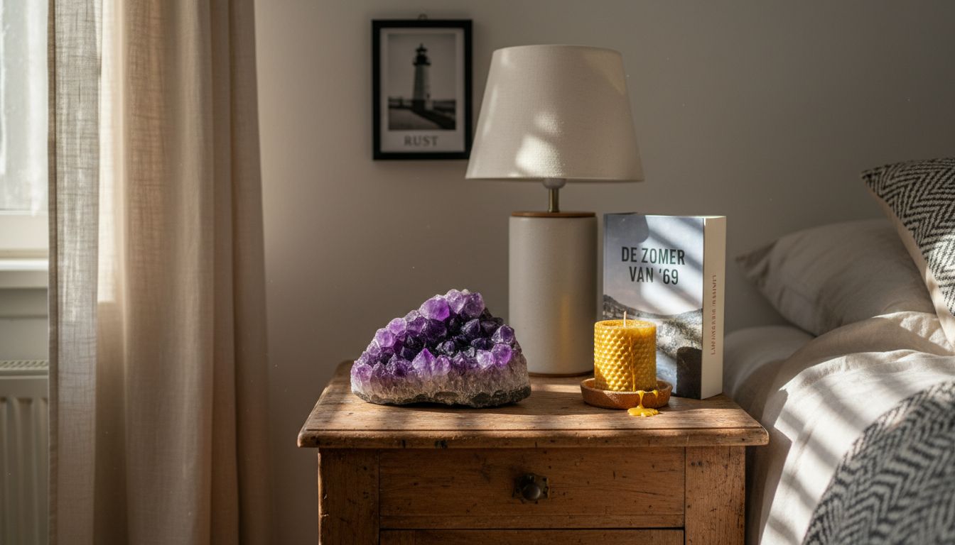 Een amethist op het nachtkastje zorgt meteen voor een warme, ontspannen sfeer in de slaapkamer.