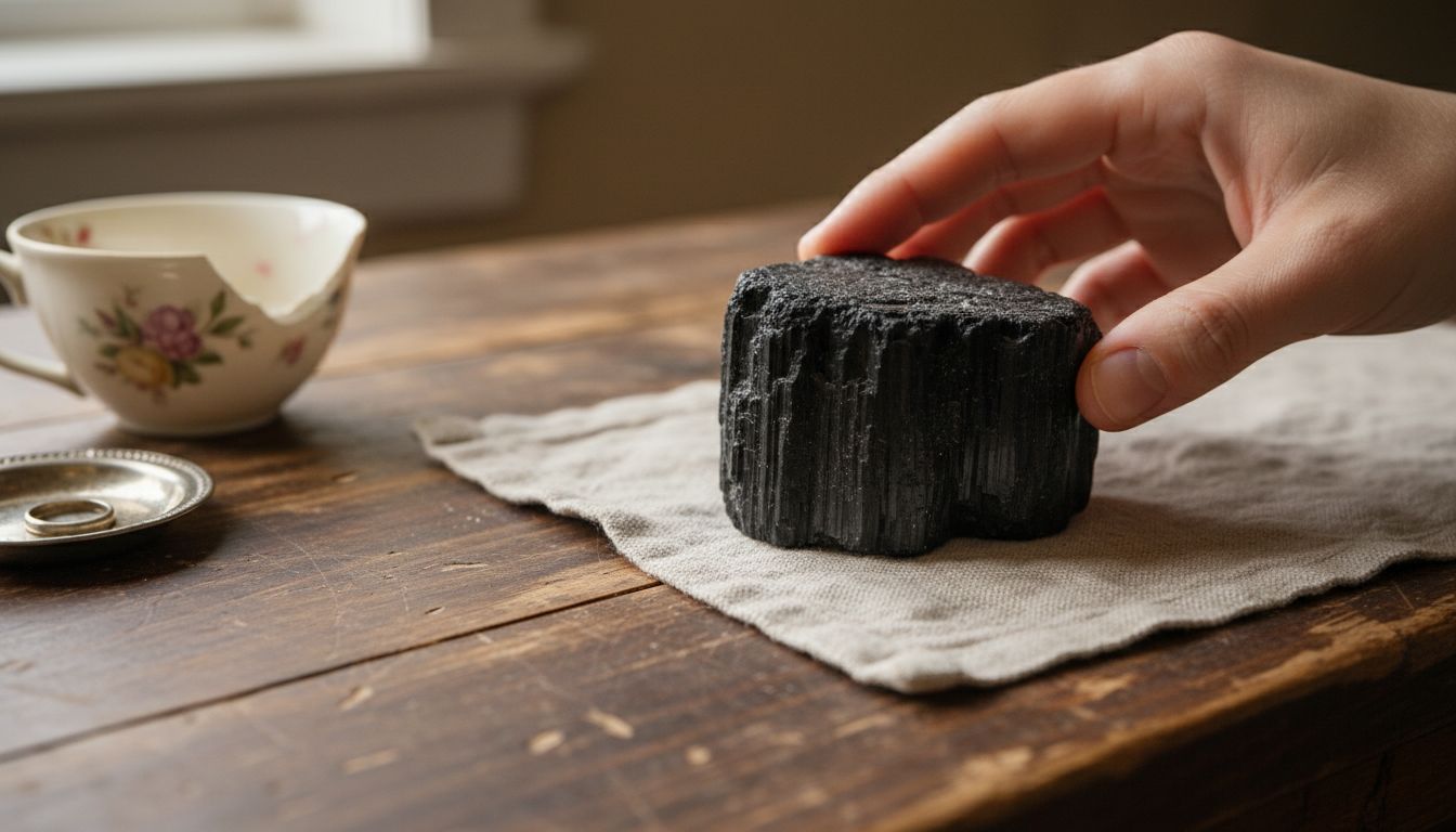 Een close-up van een hand met een stuk zwarte toermalijn.