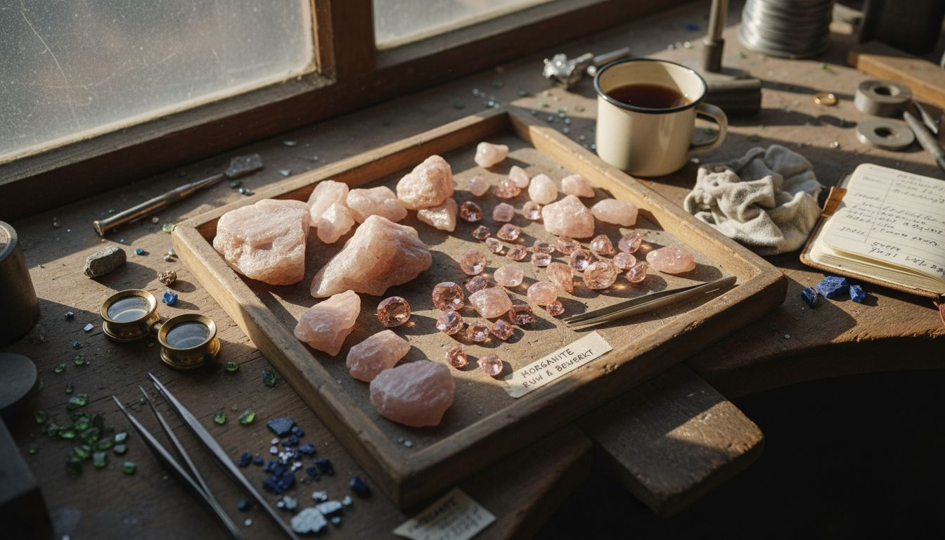 Atelier met ruwe en geslepen morganietstenen op de werkbank van een edelsmid