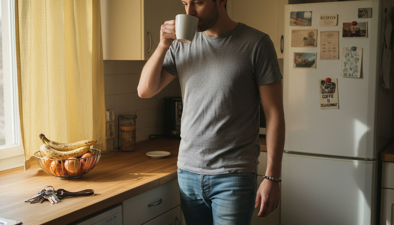 Man met agaatarmband aan de keukentafel in een alledaagse setting
