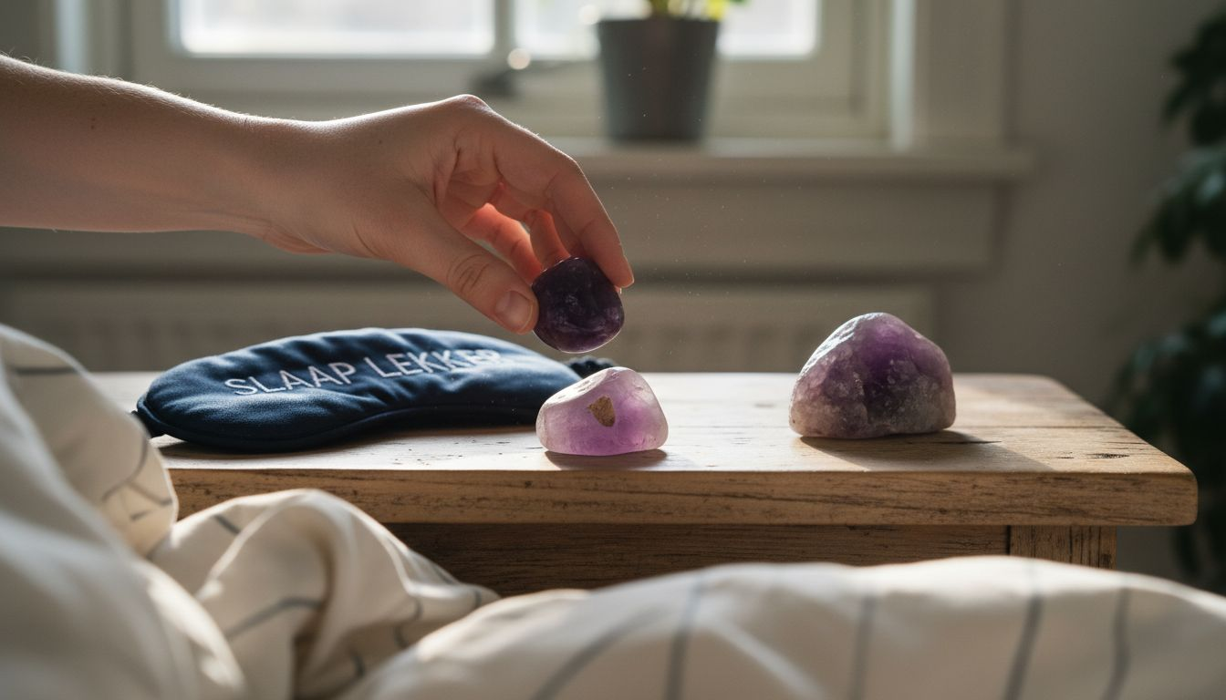 Met de hand amethiststenen uitzoeken die kunnen helpen bij een goede nachtrust.