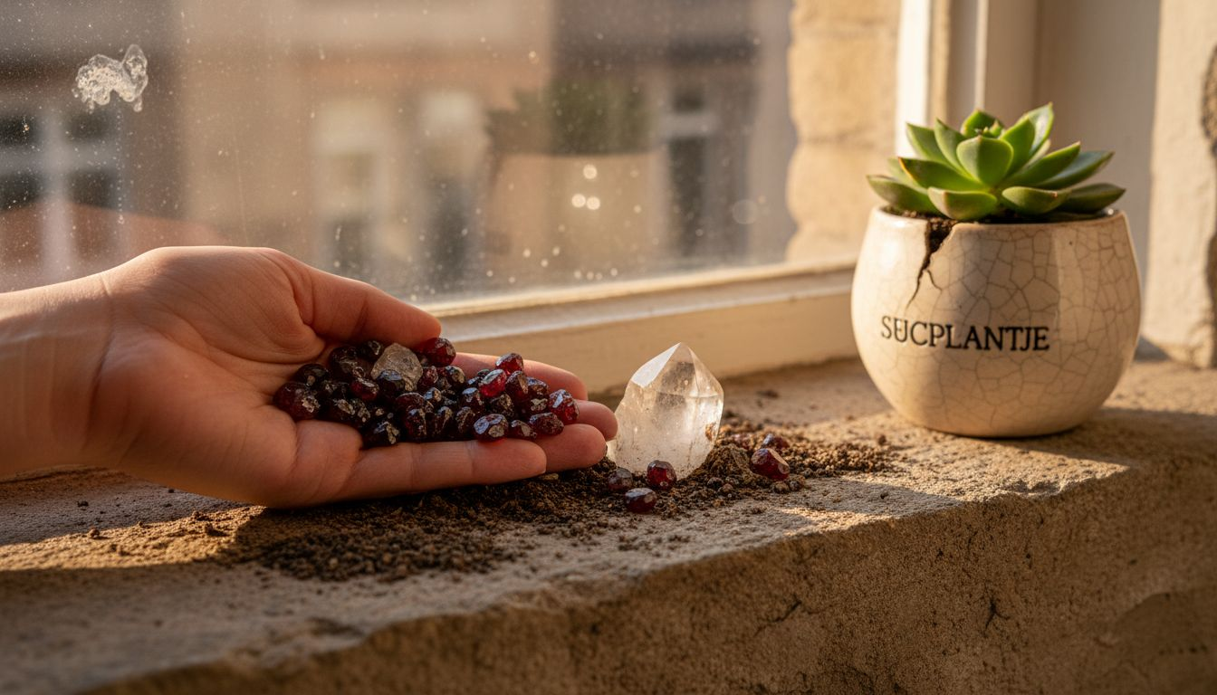 Op de vensterbank liggen granaatstenen en kwarts, die zorgen voor een sfeervolle uitstraling in huis.