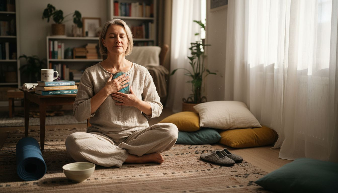 Een vrouw die thuis tot rust komt en mediteert met een labradoriet in haar hand.