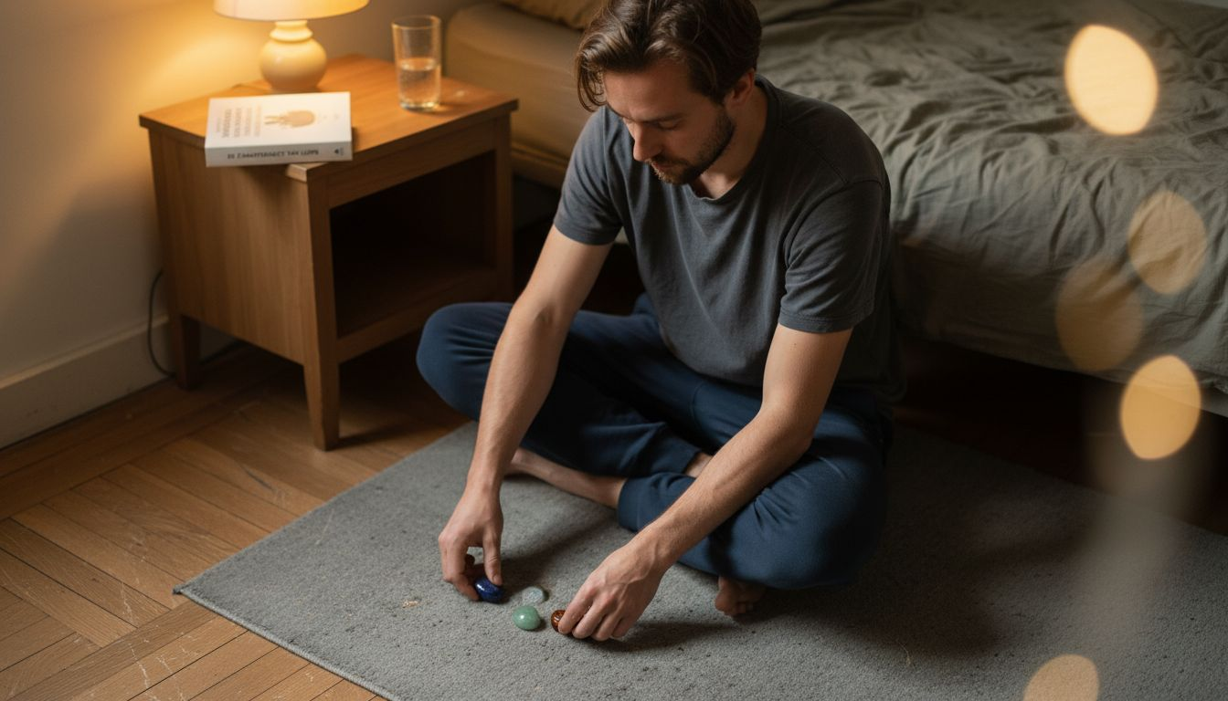 Een man legt zorgvuldig edelstenen neer in zijn slaapkamer, in de hoop een rustgevende en helende sfeer te creëren.