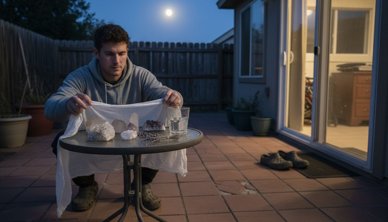 Een man legt zorgvuldig een doek over zijn kristallen, zodat ze ’s nachts door het maanlicht opgeladen kunnen worden.