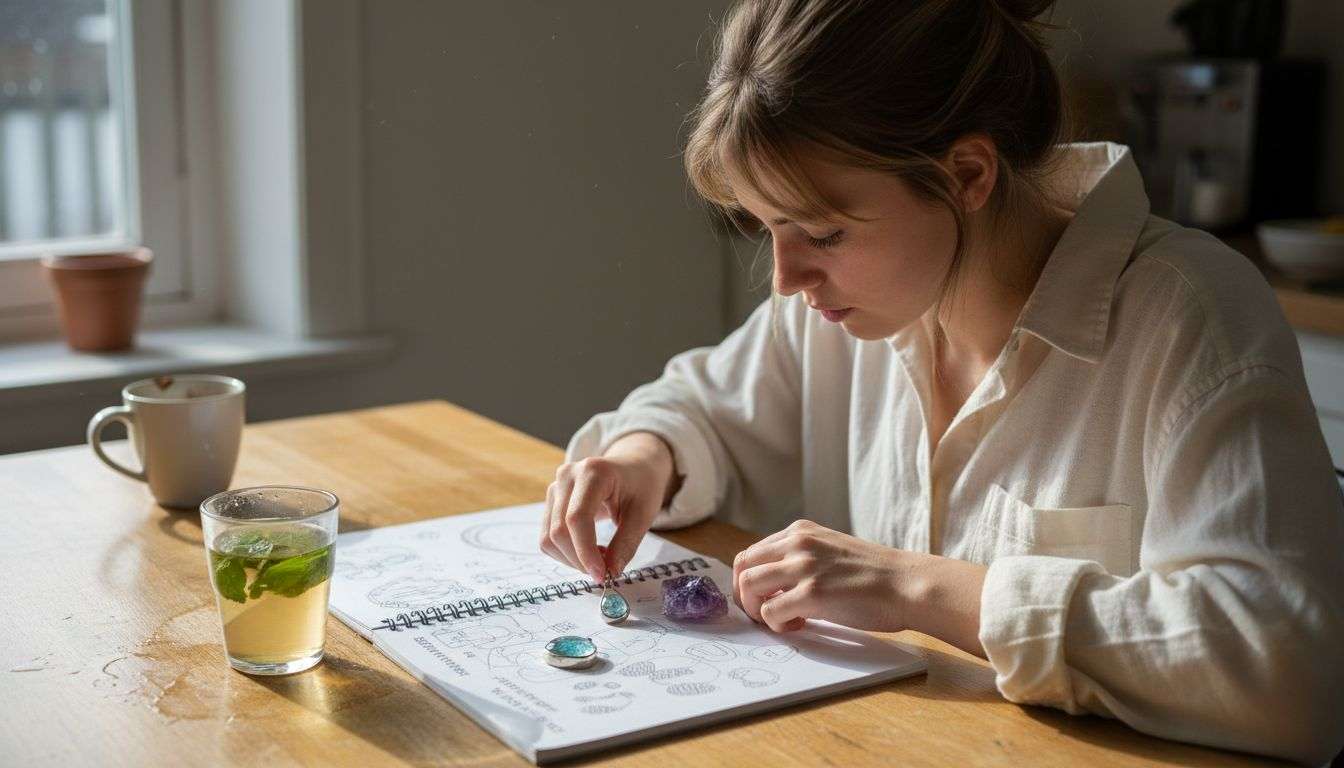 Een vrouw die zorgvuldig aquamarijn en amethist stenen ordent