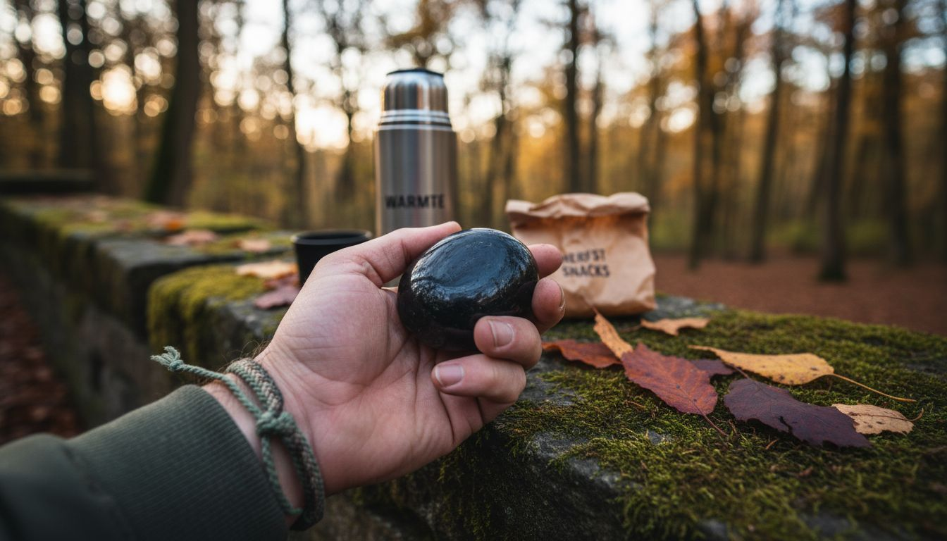 Een hand houdt een glanzende obsidiaansteen vast.