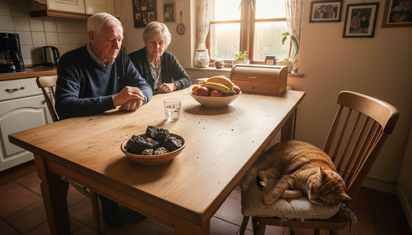 Een stel zit samen aan tafel, met een schaaltje vol edelstenen tussen hen in.