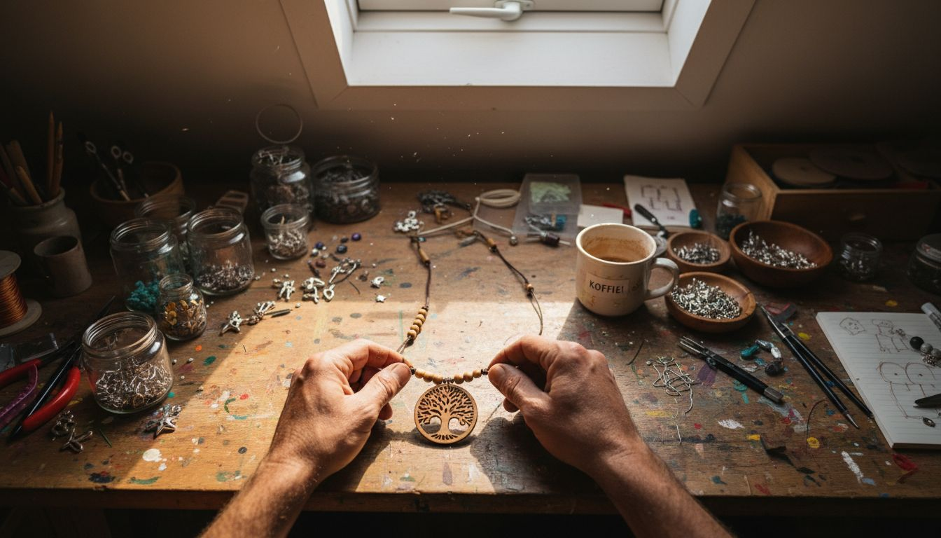 Detailopname van het maken van een levensboom sieraad, helemaal met de hand vervaardigd.