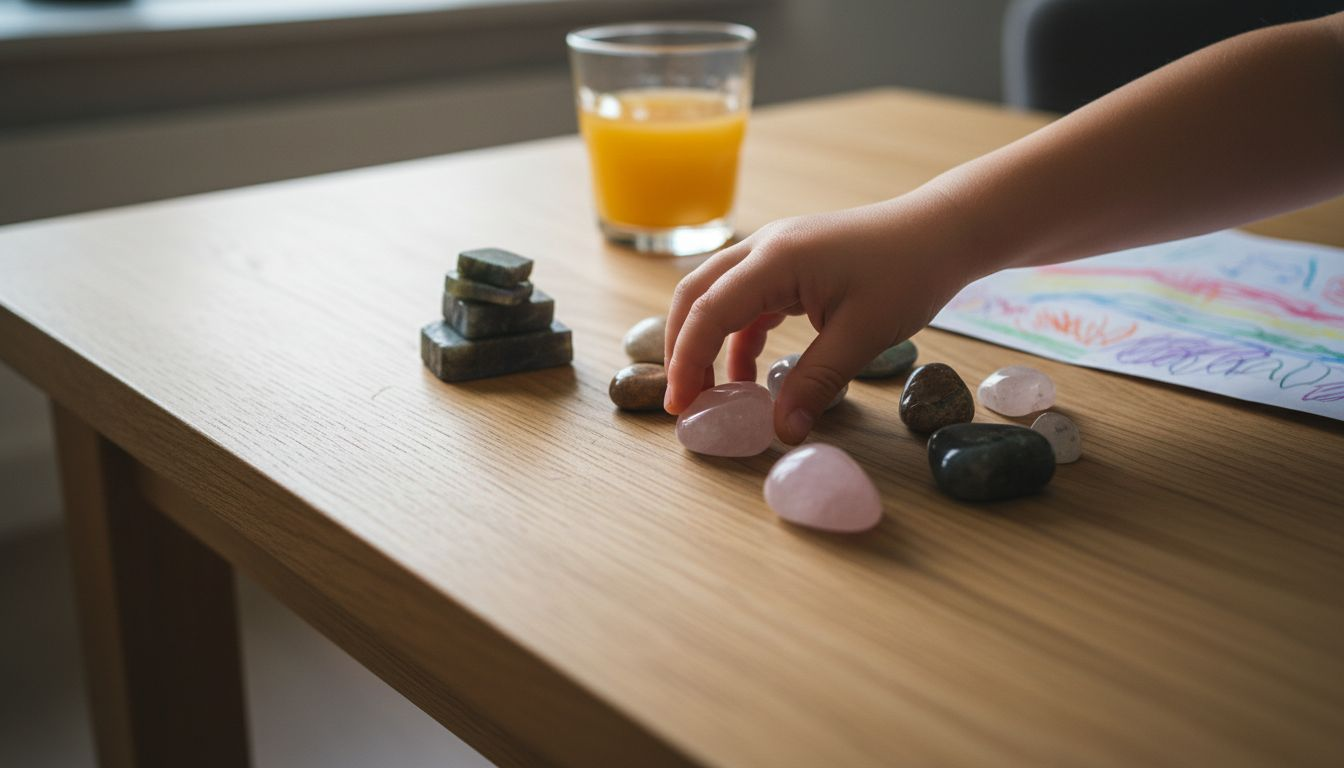 Een kinderhandje zoekt zorgvuldig mooie, glanzende edelsteentjes uit.