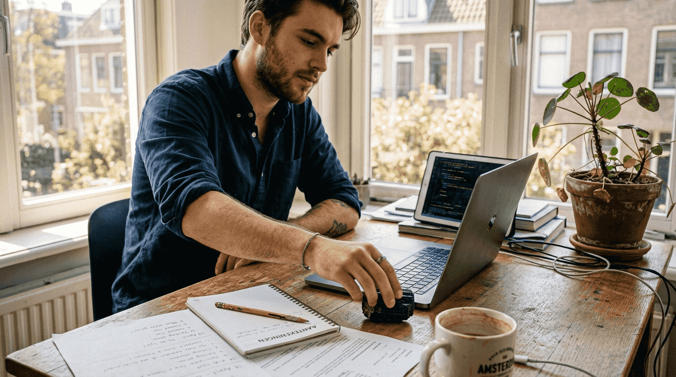 Man legt toermalijn naast zijn laptop