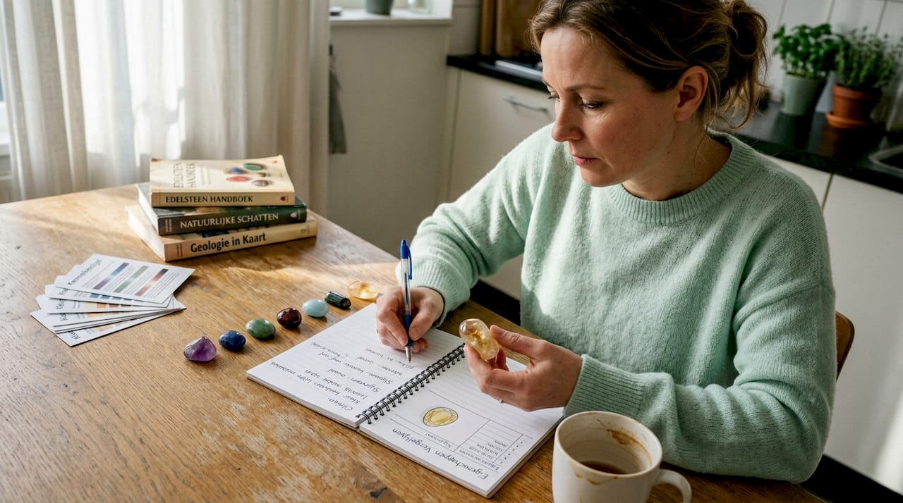 Een vrouw zit aan tafel en vergelijkt verschillende edelstenen terwijl ze aantekeningen maakt.