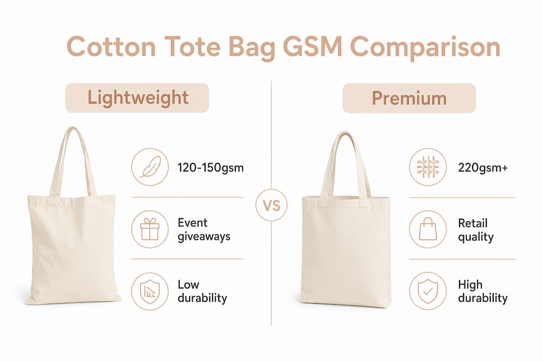 Infographic comparing lightweight and premium cotton tote bags by GSM