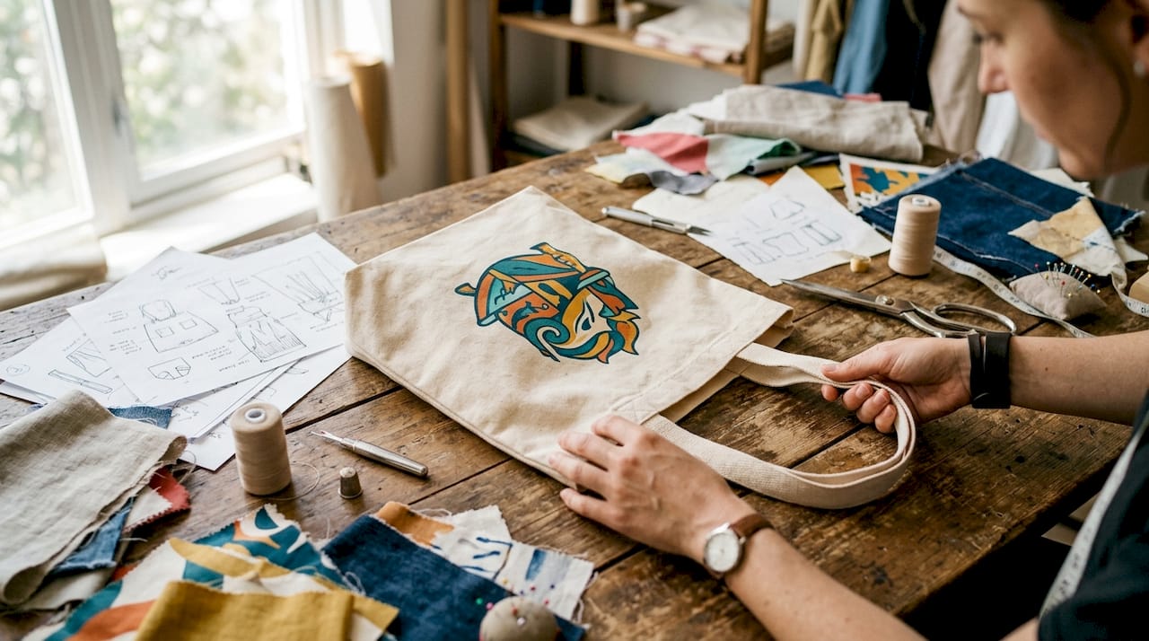 Close-up of hands showing customized cotton tote bag