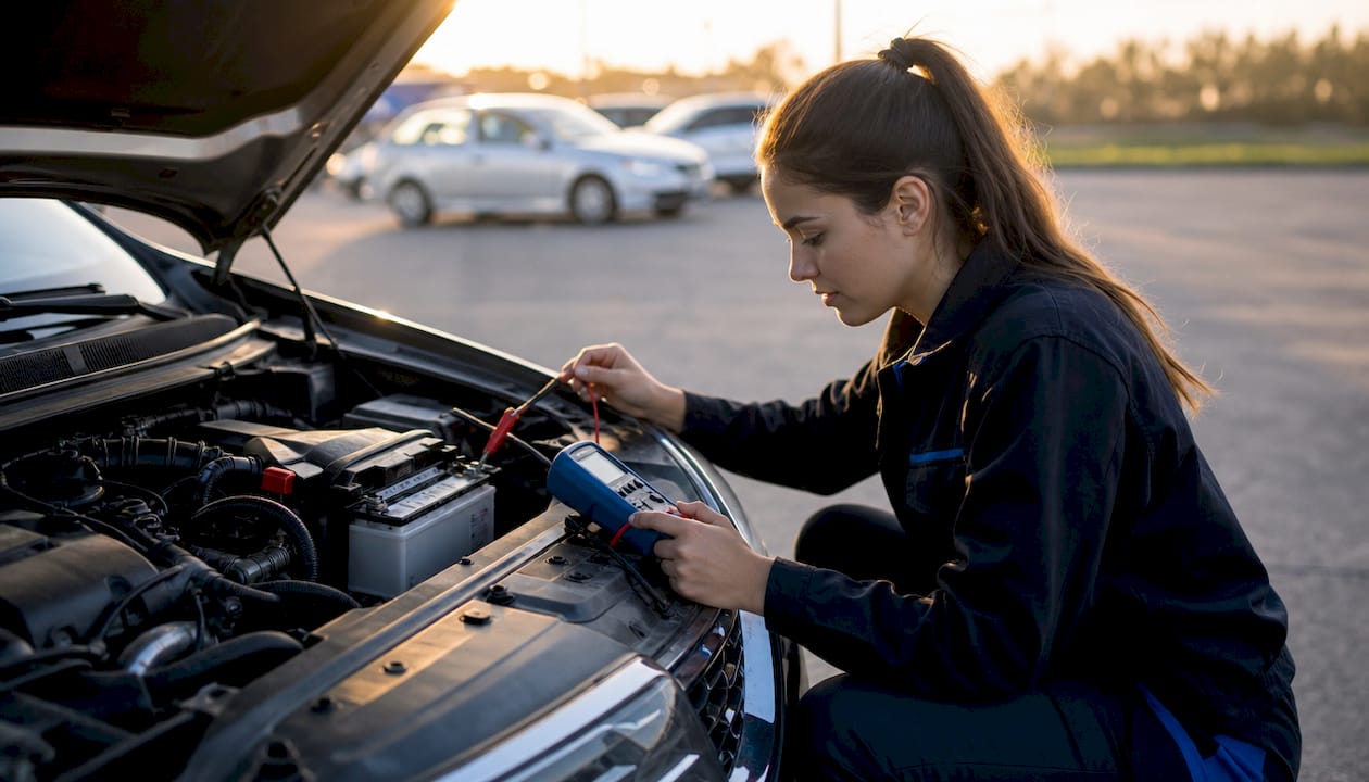 Technician testing dead car battery voltage