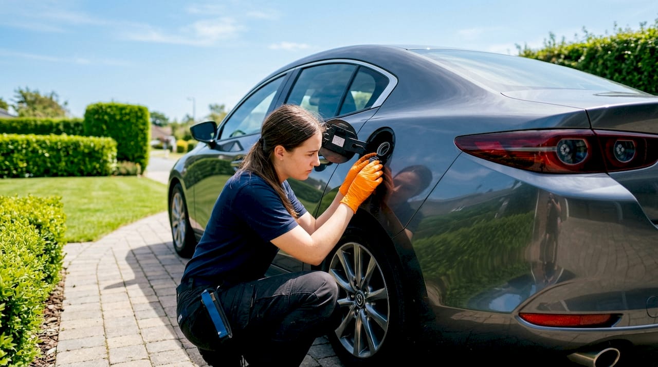 Hands tightening gas cap in engine bay