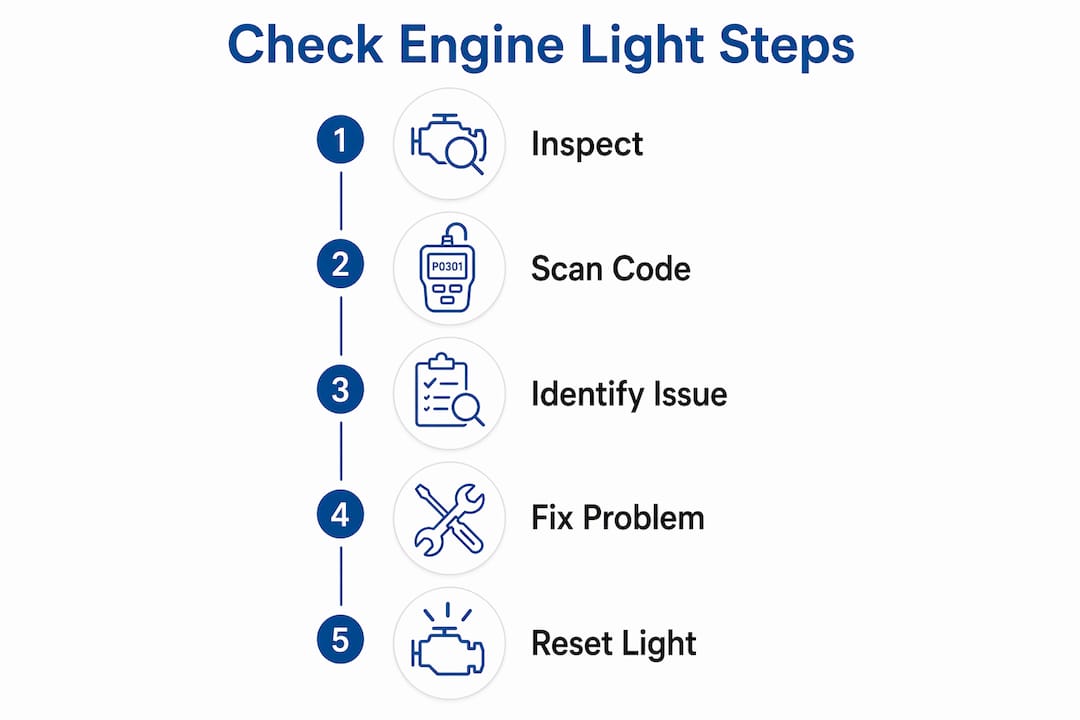 Step-by-step infographic for checking engine light issues