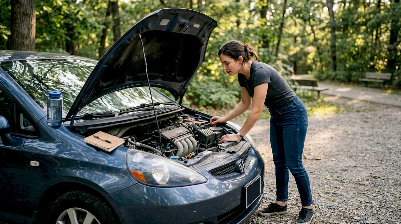 Car owner inspecting engine compartment after oil change