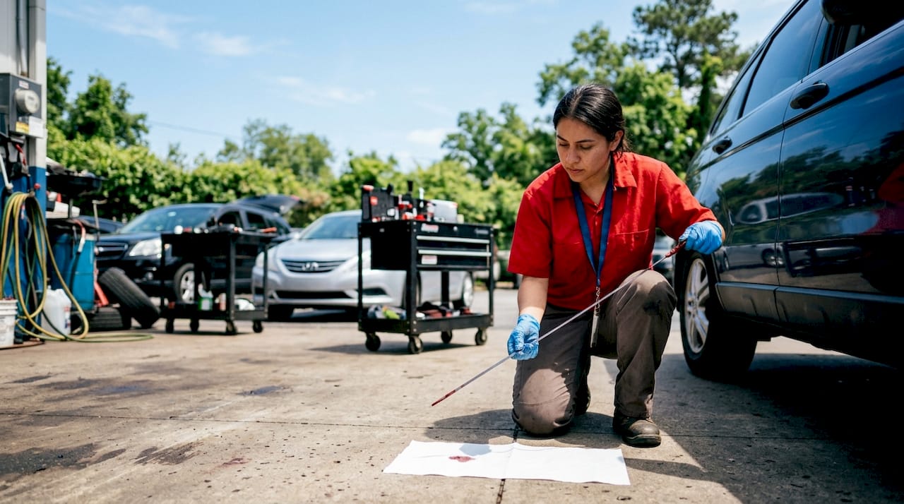 Technician checking transmission fluid color