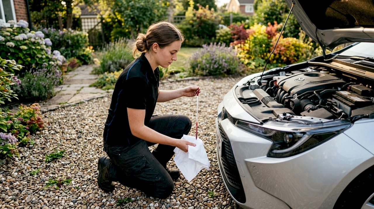 Technician checking transmission fluid dipstick