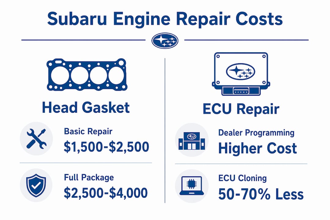 Infographic comparing Subaru head gasket and ECU repair costs