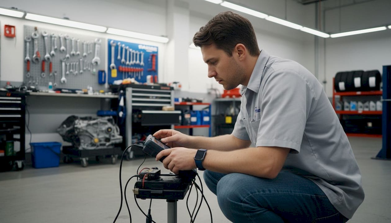 Hands using diagnostic scanner on Subaru ECU