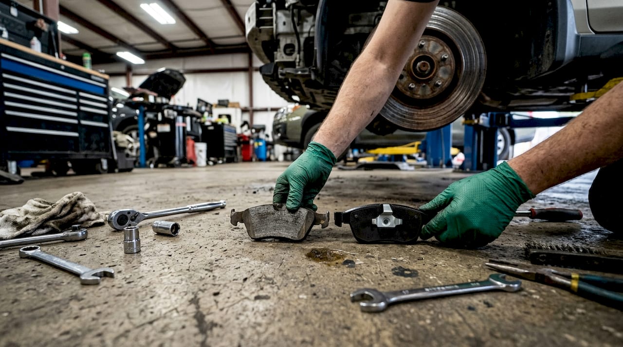 Hands comparing OEM and aftermarket brake pads