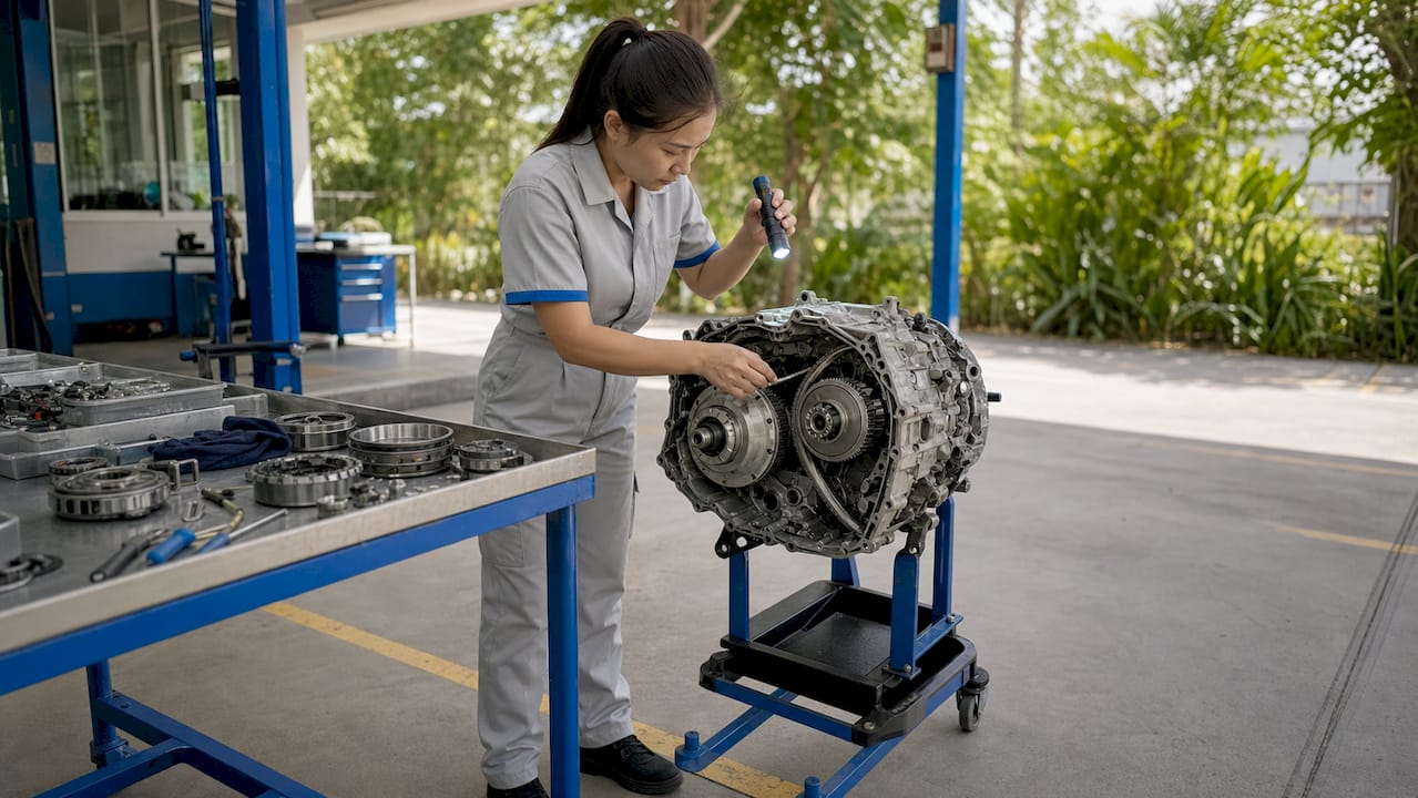 Technician inspecting Toyota CVT transmission belt
