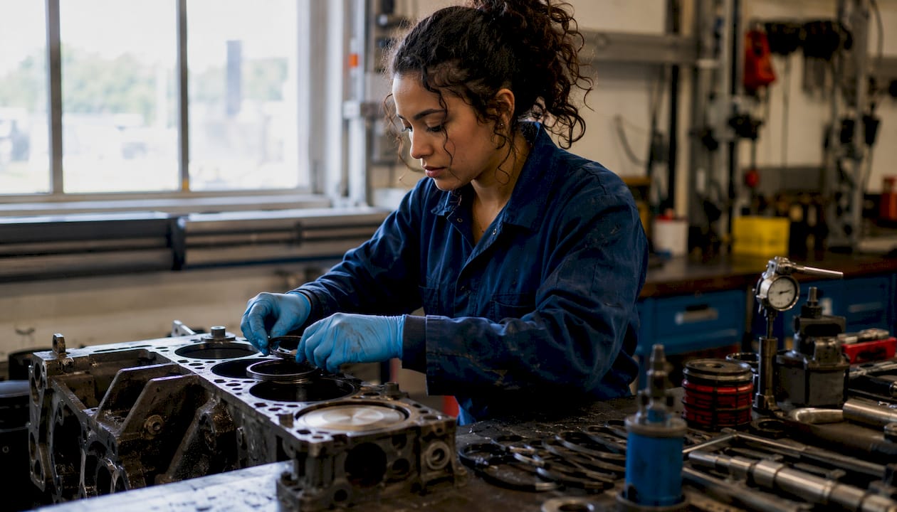 Technician replacing piston rings on engine block