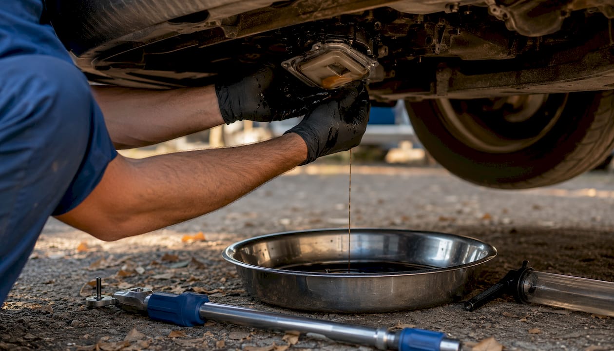 Gloved hands changing transmission fluid filter