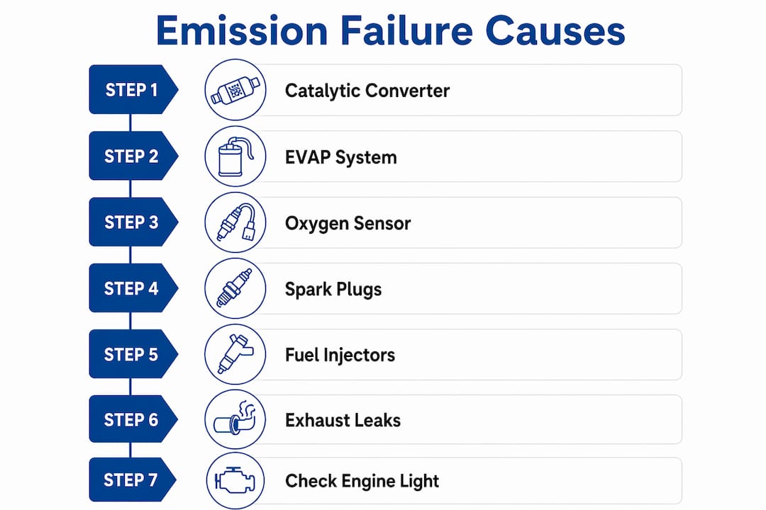 Infographic illustrating main causes of car emissions failure