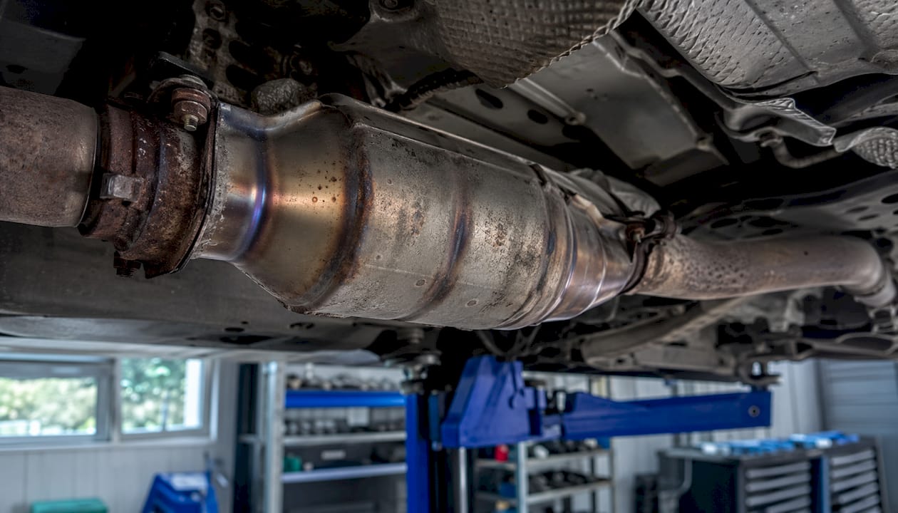 Close-up of catalytic converter under car