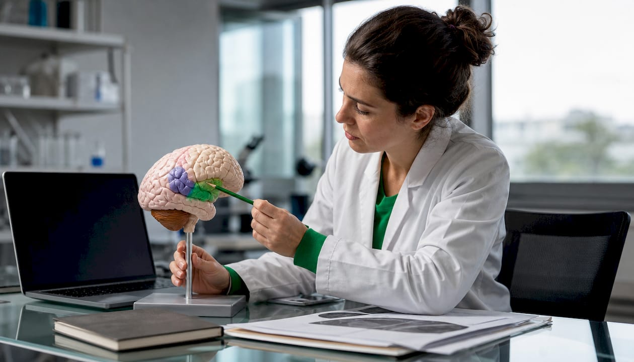 Hands holding brain model showing language areas