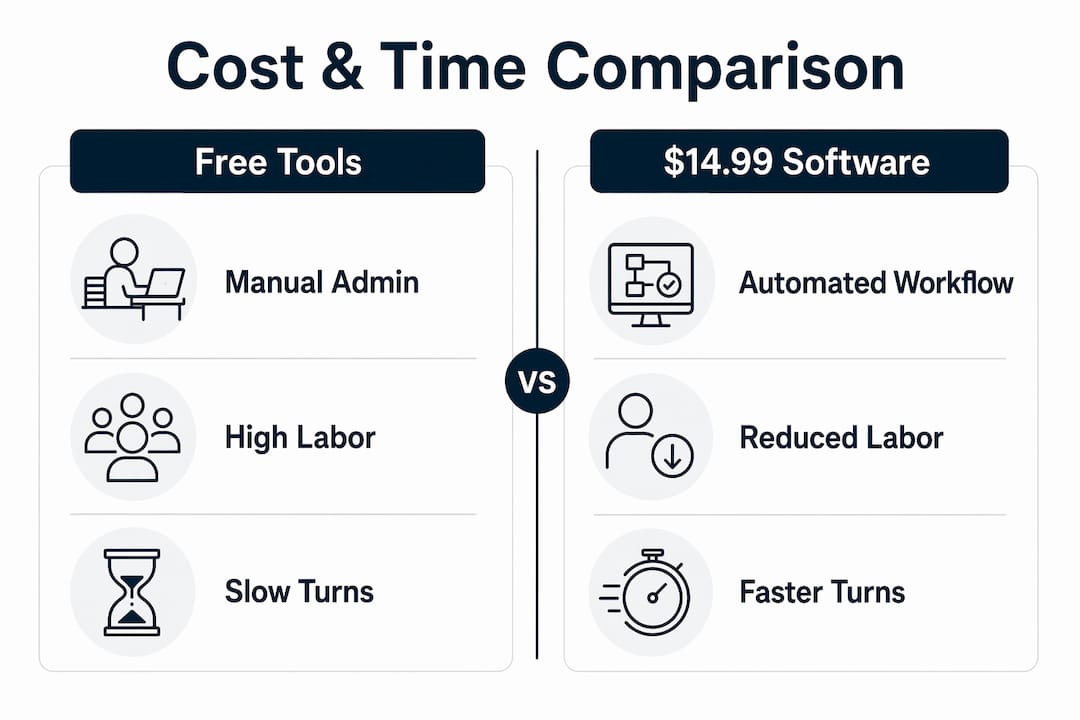 Infographic comparing free tools vs $14.99 software benefits