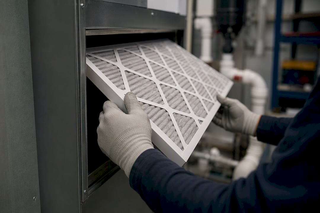 Hands replacing HVAC air filter
