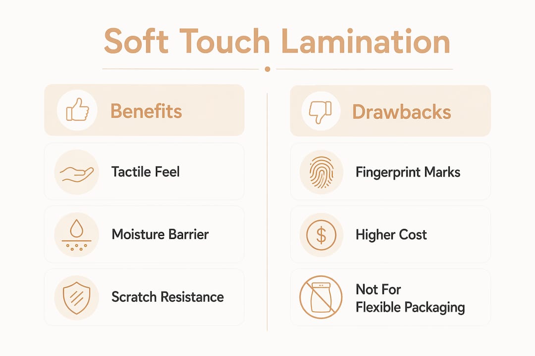 Infographic showing benefits and drawbacks of soft touch lamination