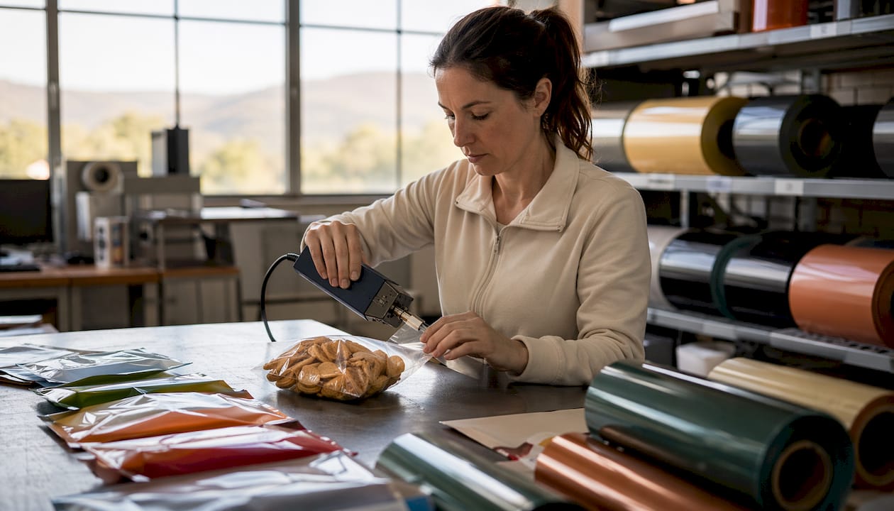 Hands adjusting lap seal on snack bag in lab
