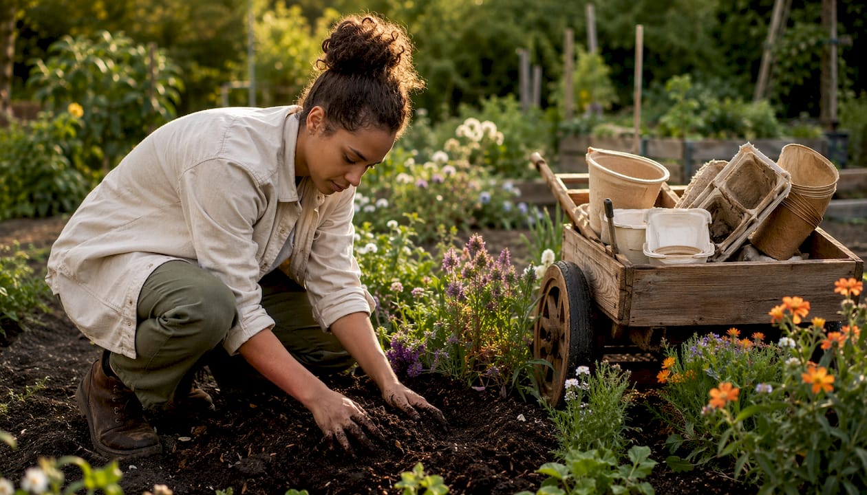 Gardener spreading compost with compostable packaging nearby