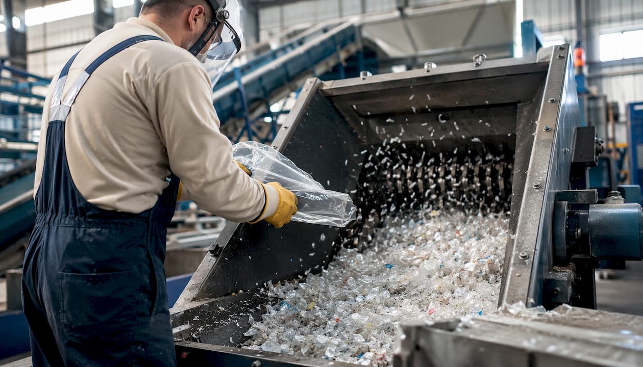 Hands operating plastic shredder in recycling plant