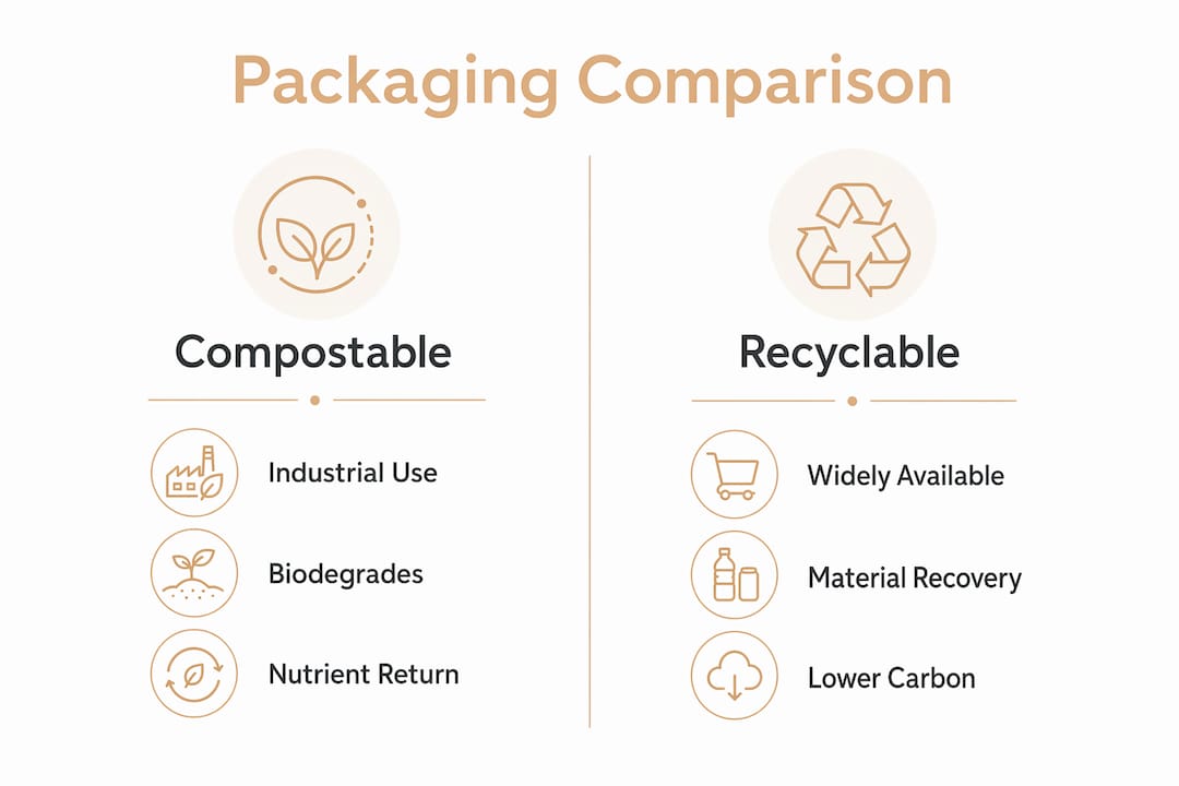 Infographic showing compostable versus recyclable packaging features