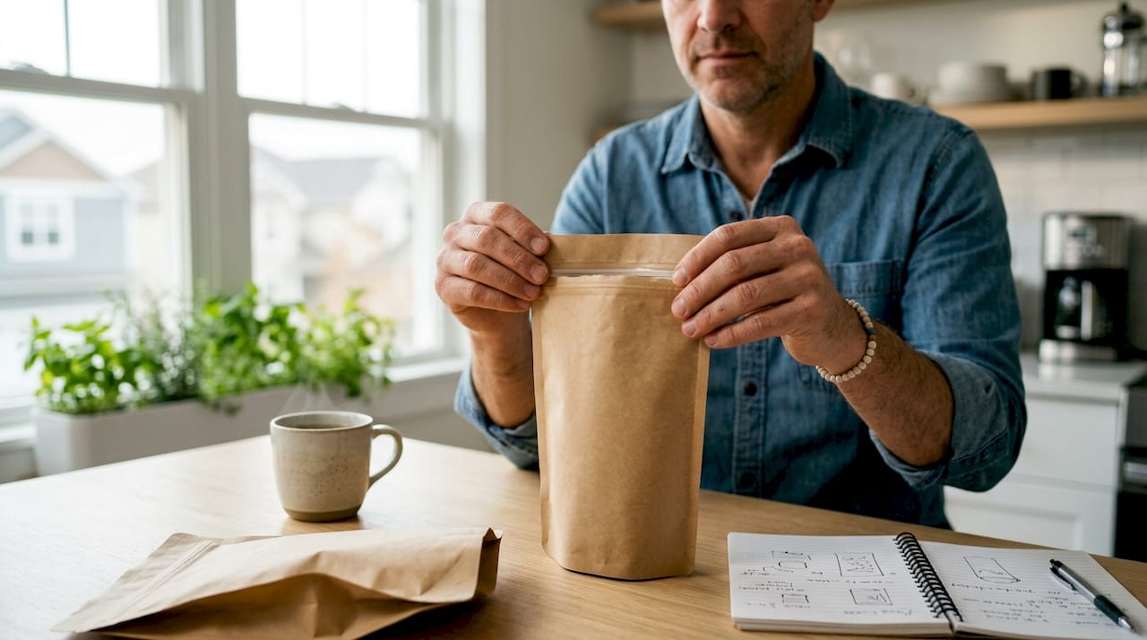 Hands unboxing bulk kraft paper pouches
