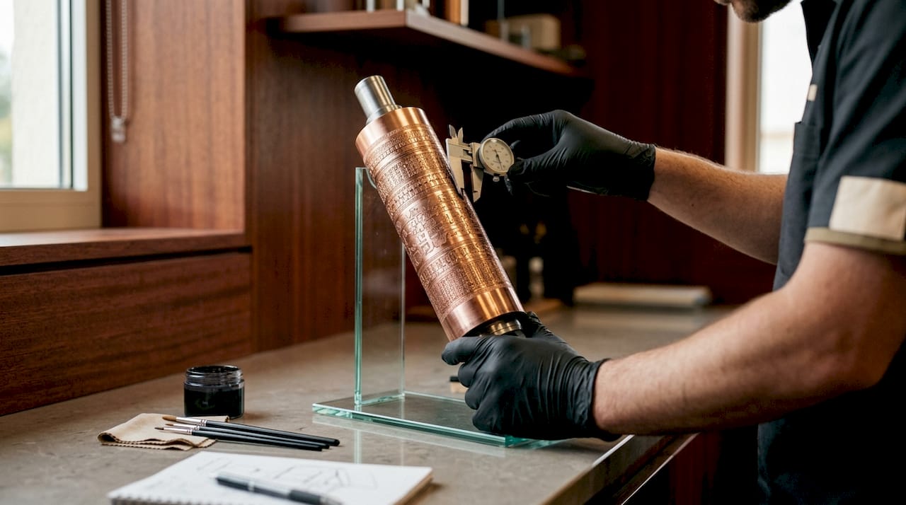 Close-up of engraved gravure cylinder and technician's hand