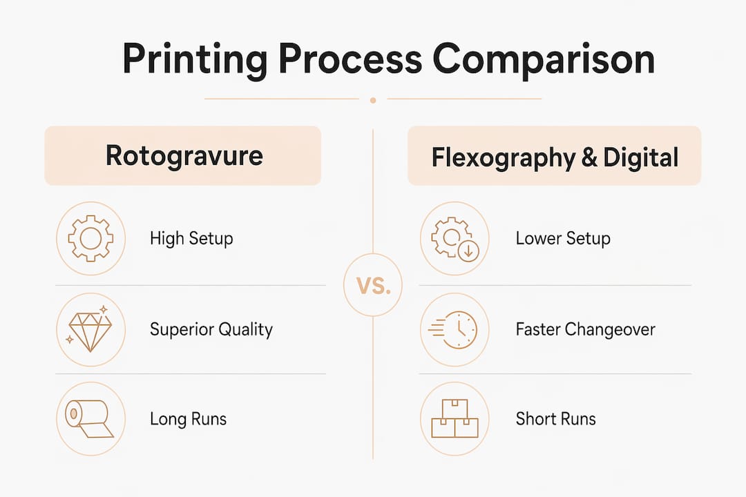 Infographic comparing gravure, flexography, and digital printing