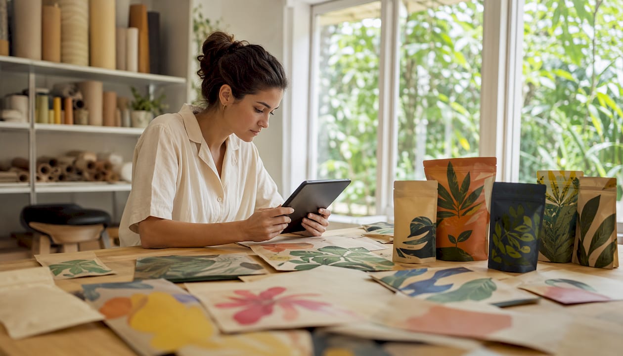 Designer working on custom prints for sustainable coffee bags