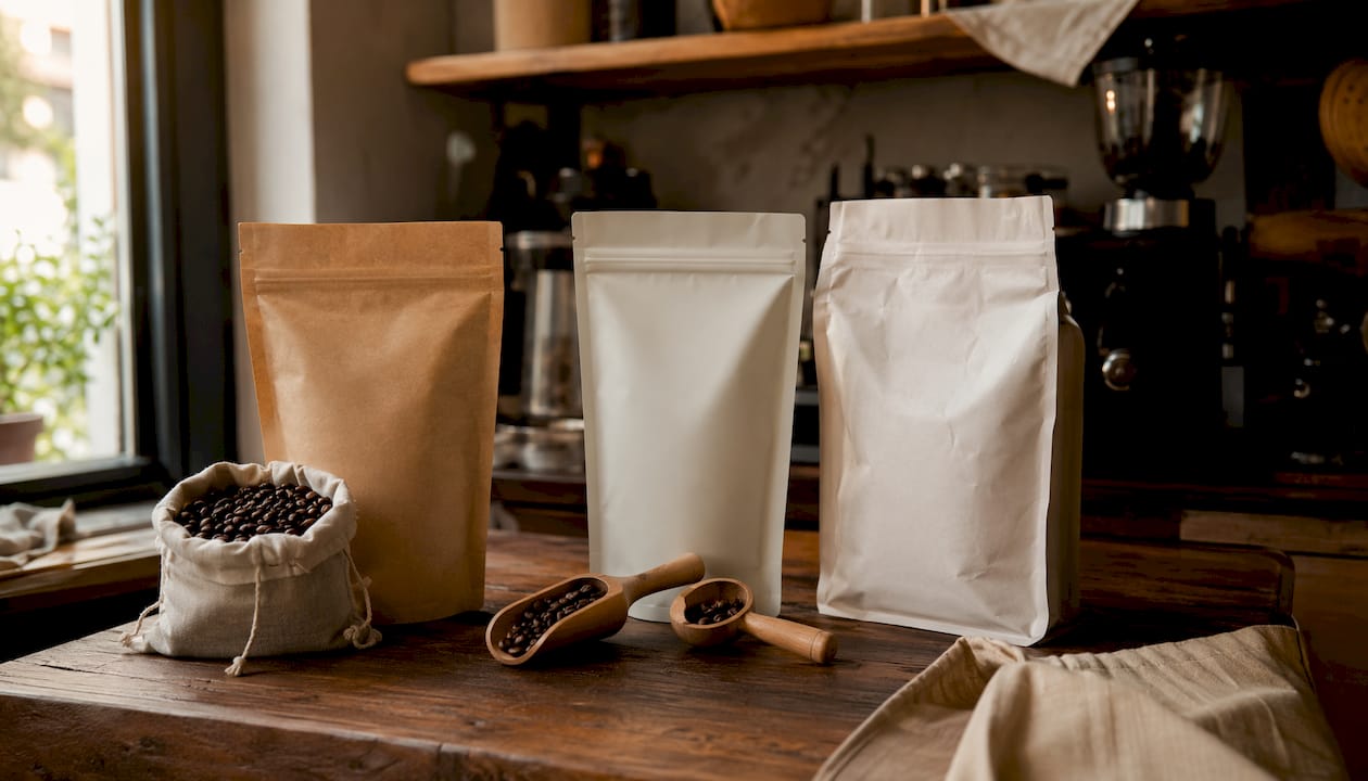 Various sustainable coffee packaging materials on a wooden counter