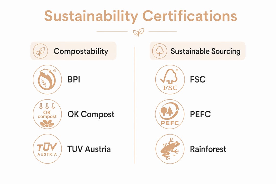 Infographic showing key certifications for sustainable coffee bags