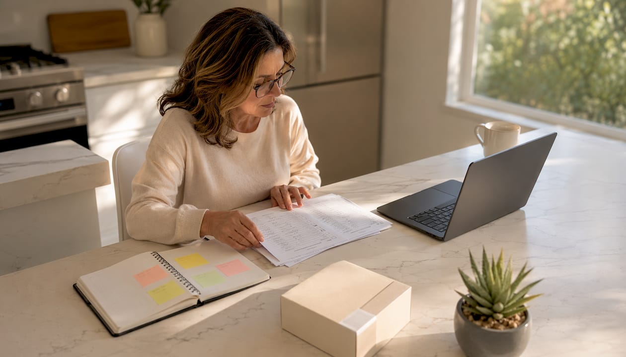 Businesswoman reviewing packaging partner documents at desk