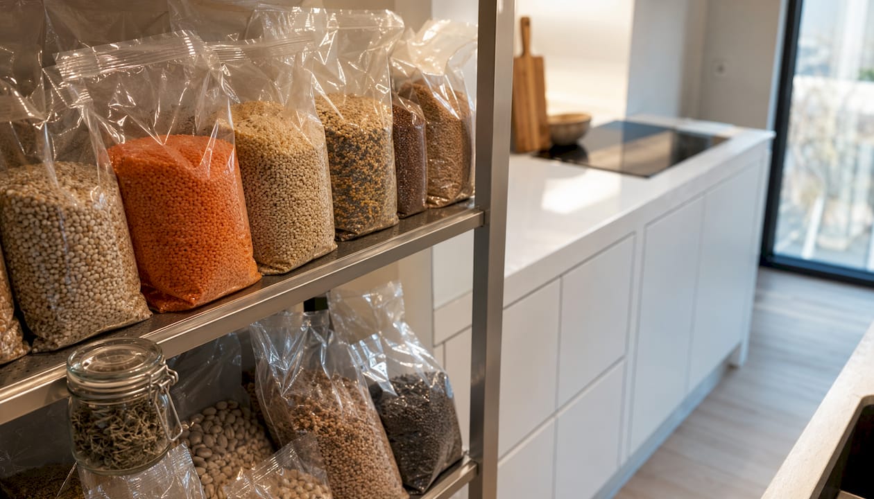 Mylar bags of dry food stored on pantry wooden shelf