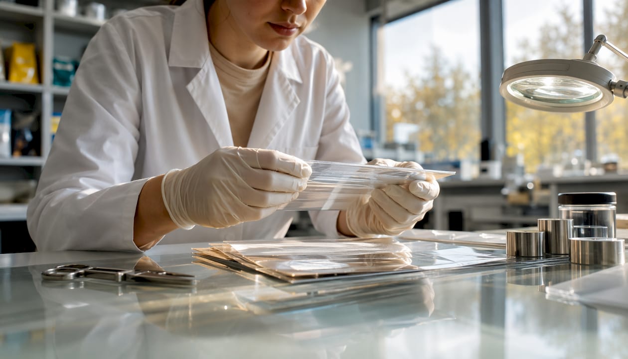 Technician examining Mylar laminate layers in lab
