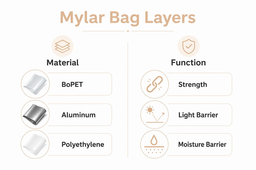 Infographic illustrating Mylar bag layers and their functions